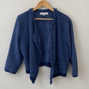LOFT Sweater Cardigan Size Large Blue Open Front Fringe 3/4 Sleeve